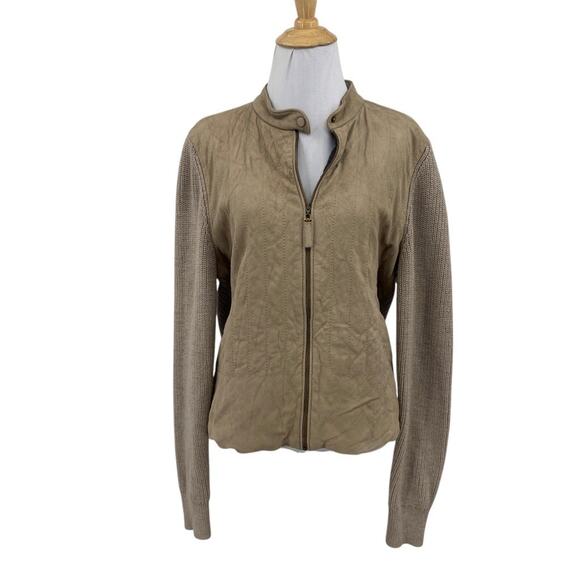 Tory Burch Jacket Womens XL Extra Large Stone Merino Wool Leather Suede Ribbed - Picture 1 of 11